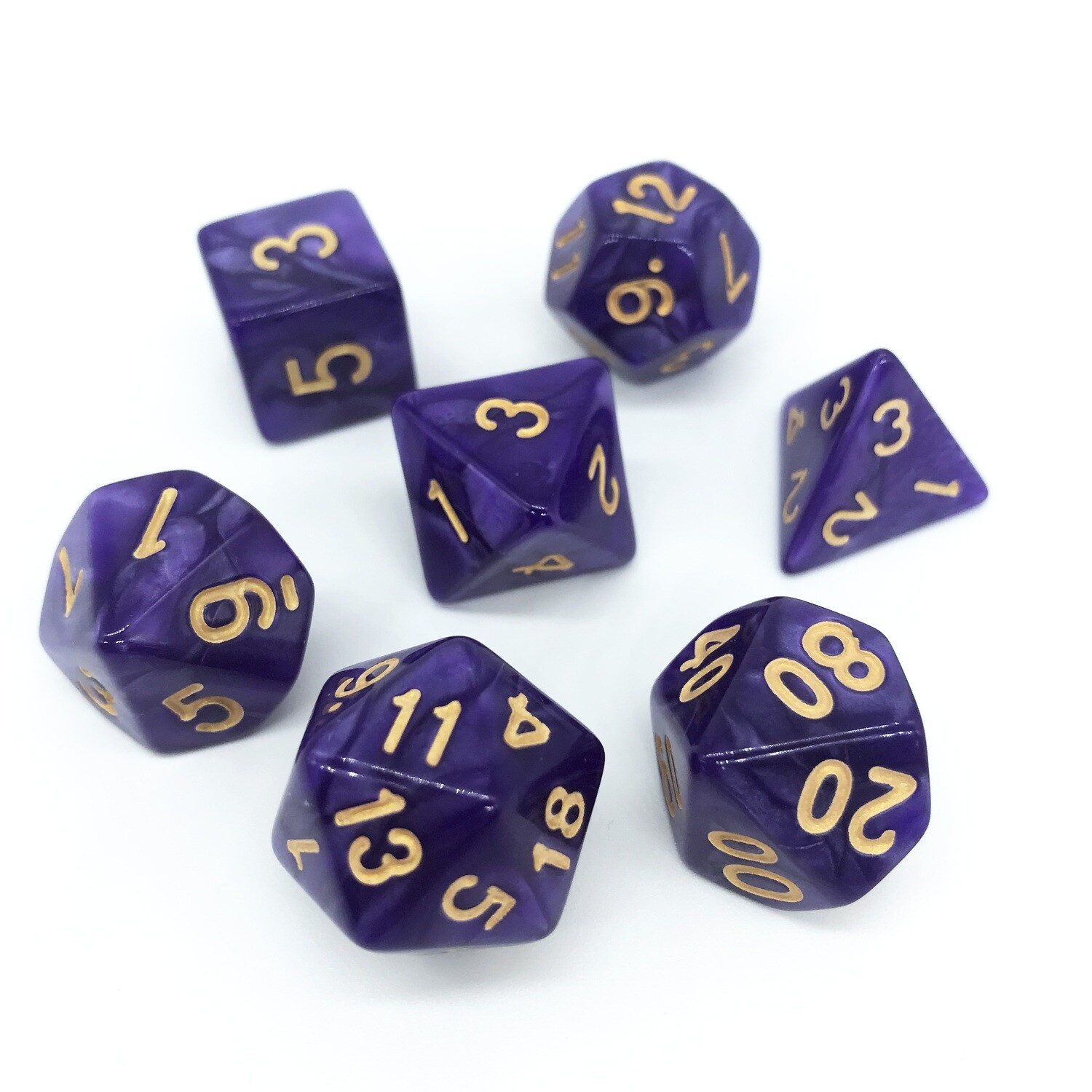 Dice Set - Purple marbled with gold numbers
