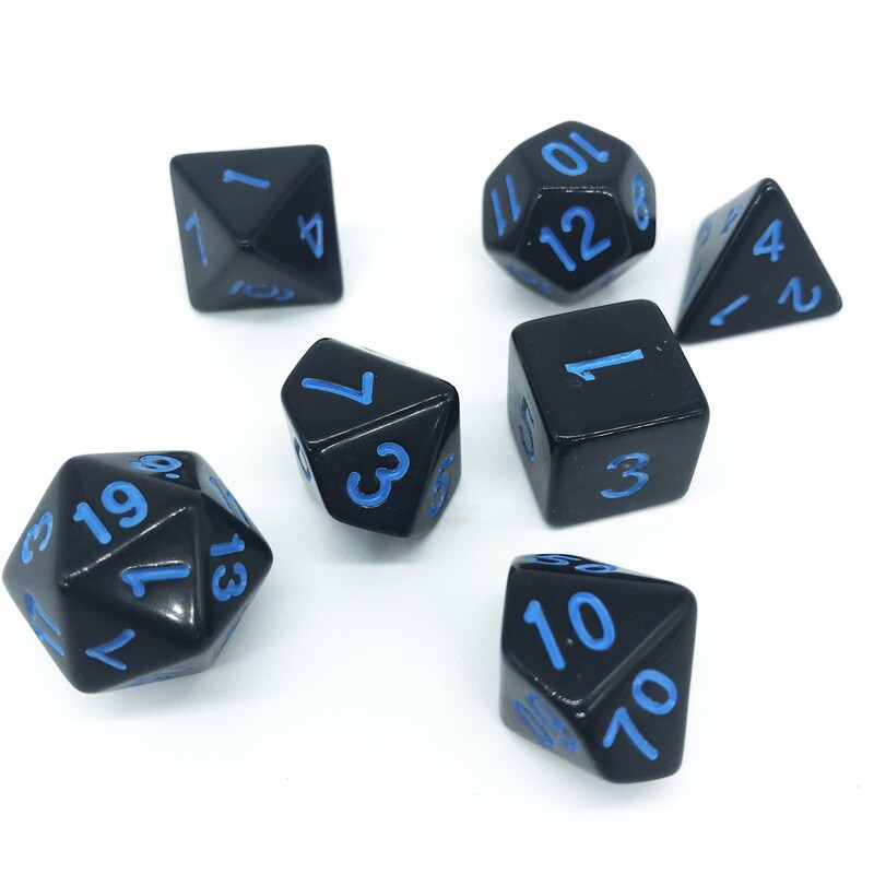 Dice Set - Black solid with blue numbers