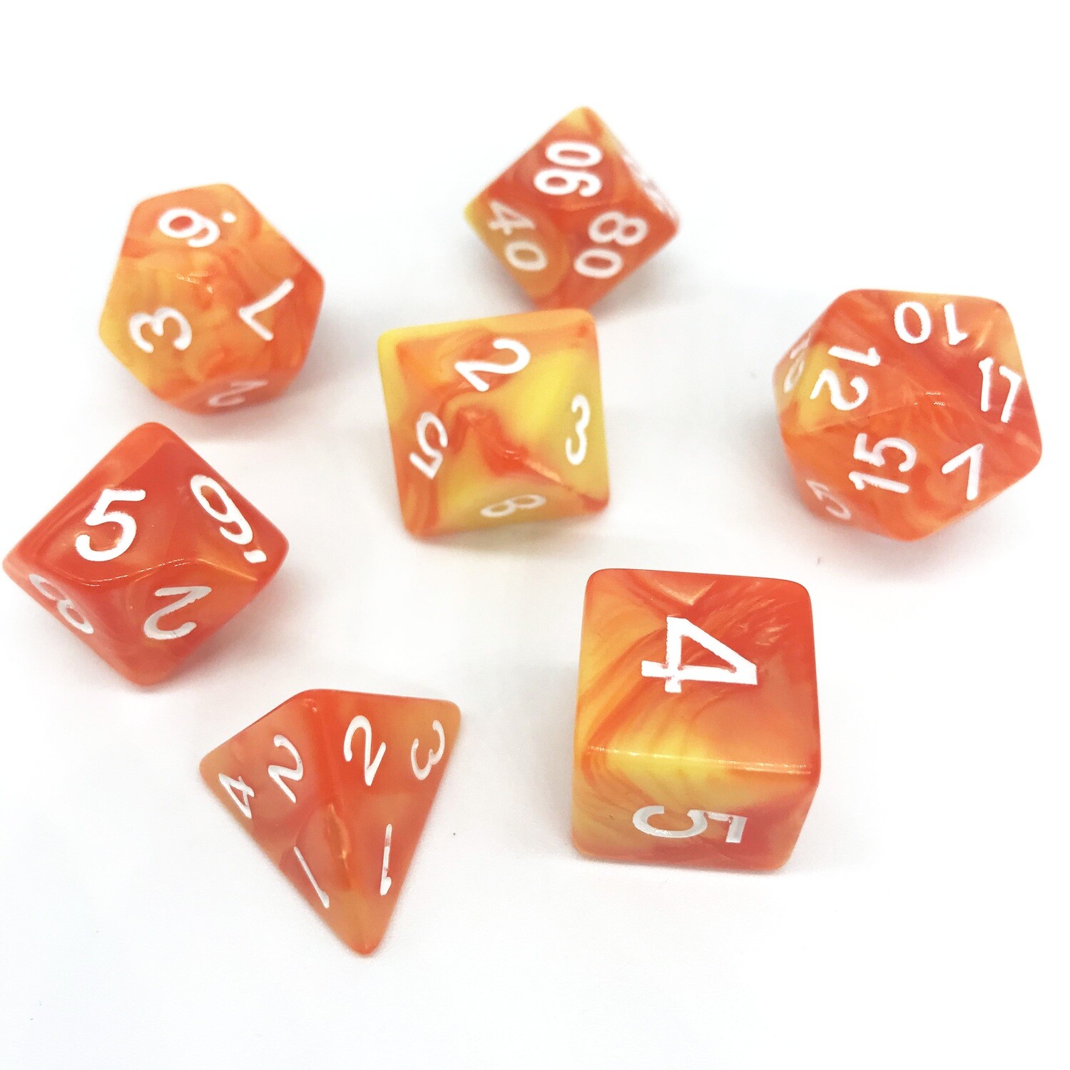 Dice Set - Orange and yellow marbled with white numbers