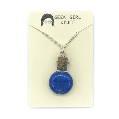 Potion Necklace - Blue, flat round bottle Potion Necklace - Blue, flat round bottle