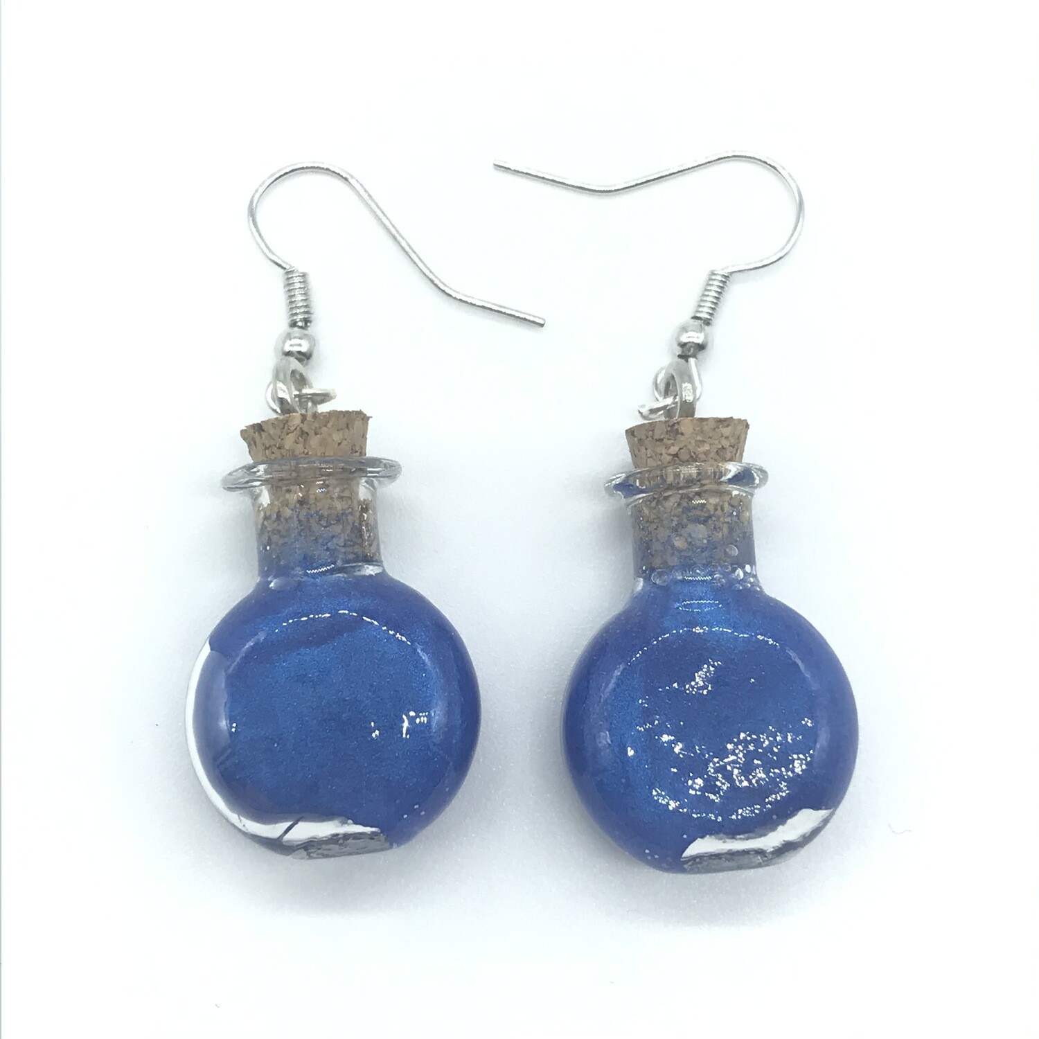 Potion Earrings - blue, round flat bottle