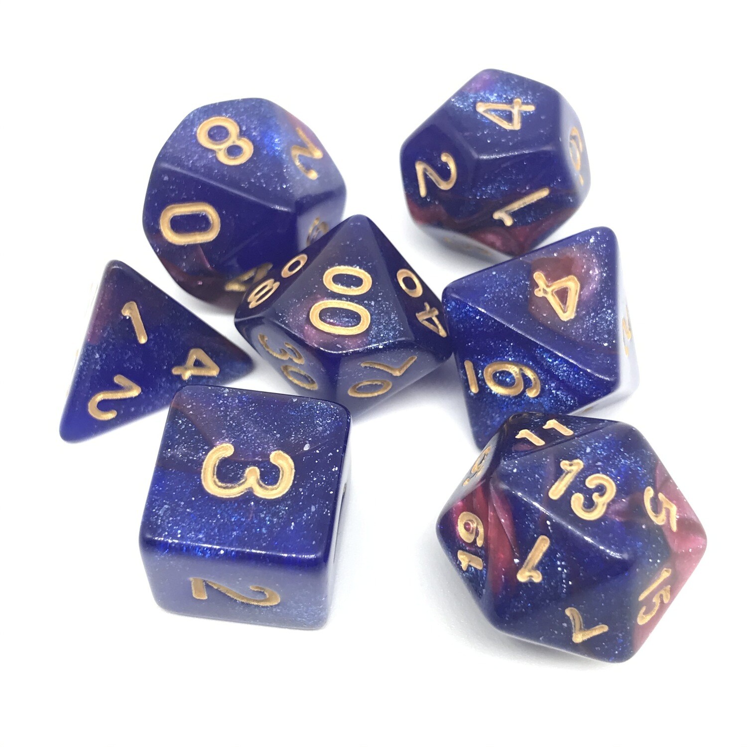 Dice Set - Brown marbled and Blue sparkly with gold numbers