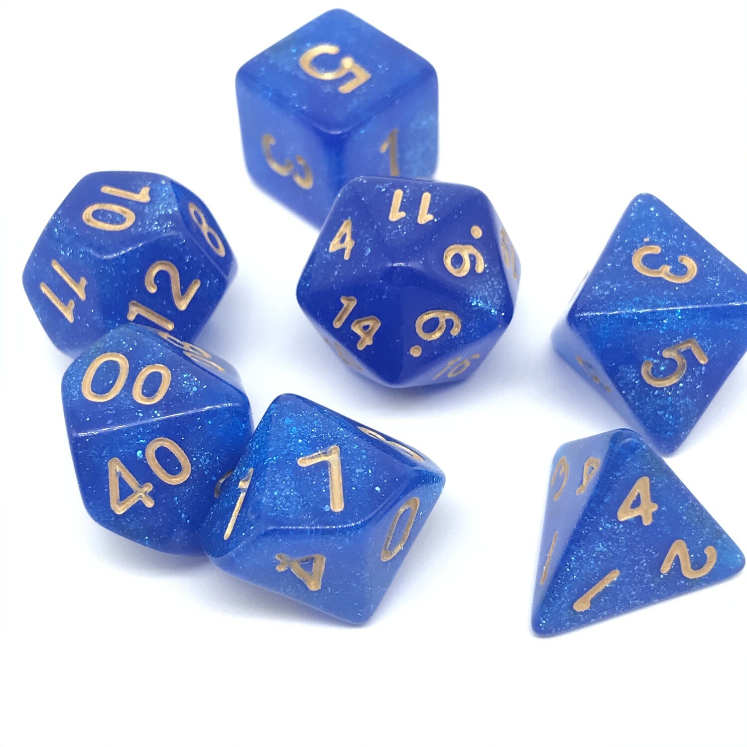 Dice Set - Blue sparkly with gold numbers