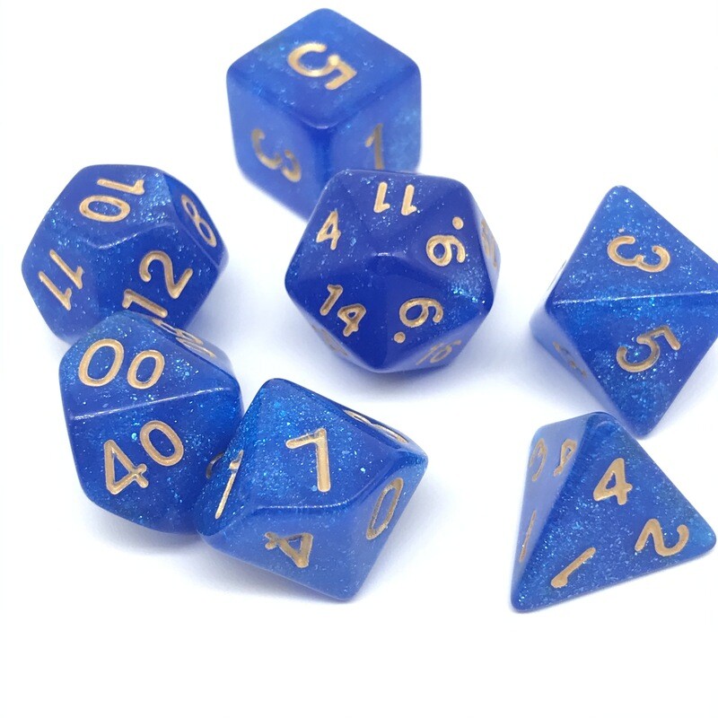Dice Set - Blue sparkly with gold numbers