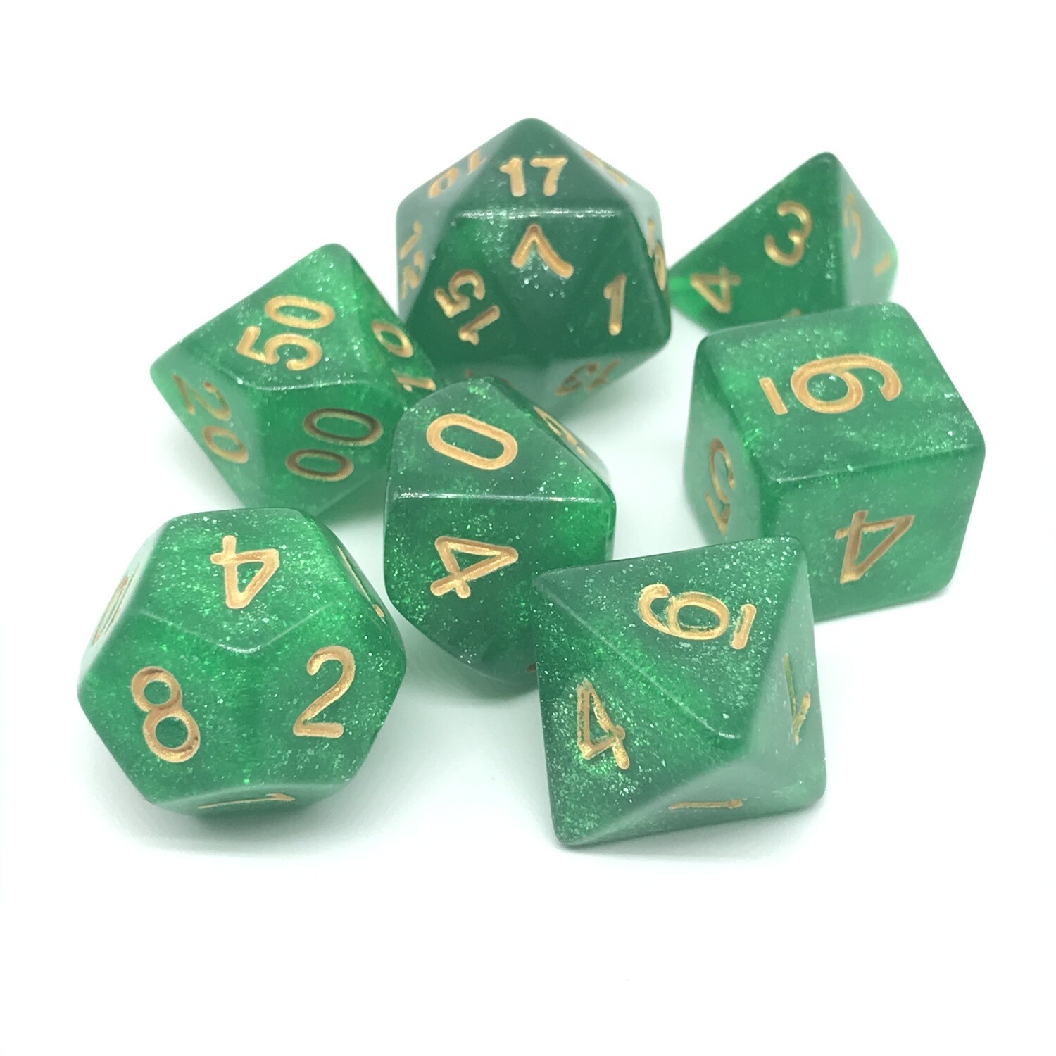 Dice Set - Green sparkly with gold numbers
