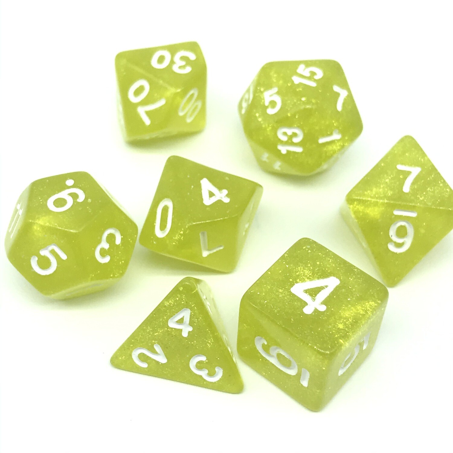 Dice Set - Yellow sparkly with white numbers