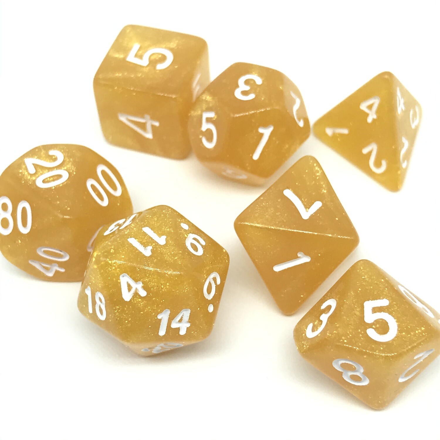 Dice Set - Yellow-gold sparkly with white numbers