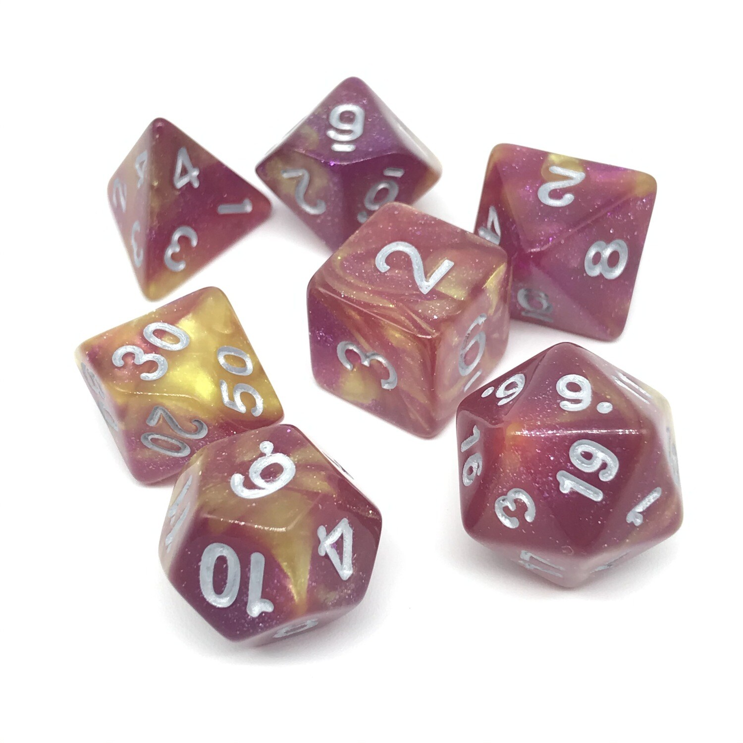 Dice Set - Pink sparkly and yellow marbled with silver numbers