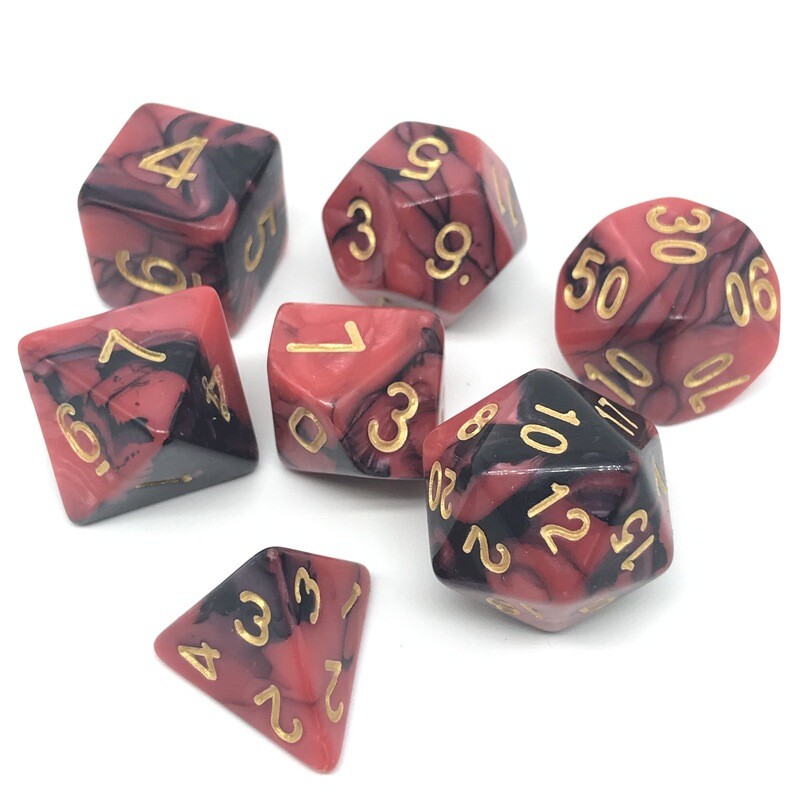 Dice Set - Black and red marbled with gold numbers