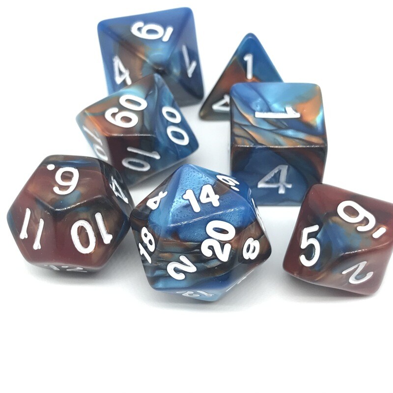 Dice Set - Brown and blue marbled with white numbers