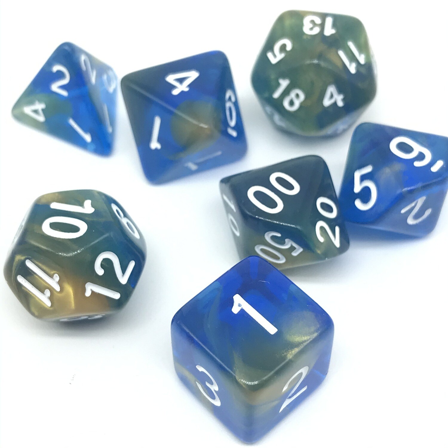 Dice Set - Blue transparent and yellow marbled with white numbers