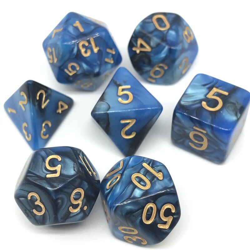Dice Set - Black and blue marbled with gold numbers