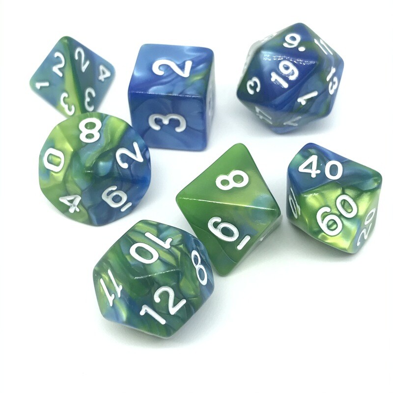 Dice Set - Blue and green marbled with white numbers