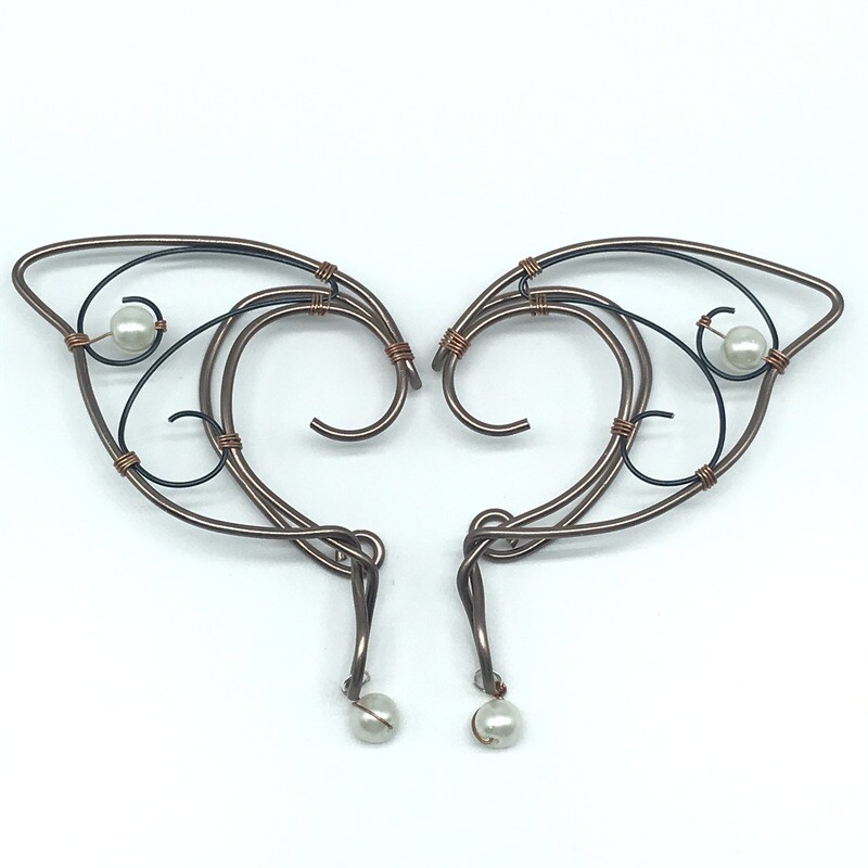 Elf Ear Cuff - Brown and Black with White Beads