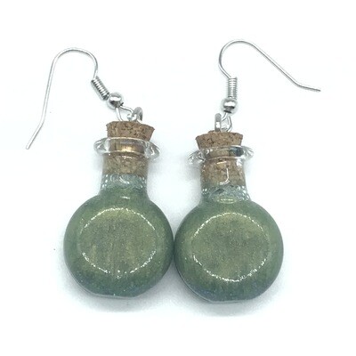 Potion Earrings - Olive green, round flat bottle Potion Earrings - Olive green, round flat bottle