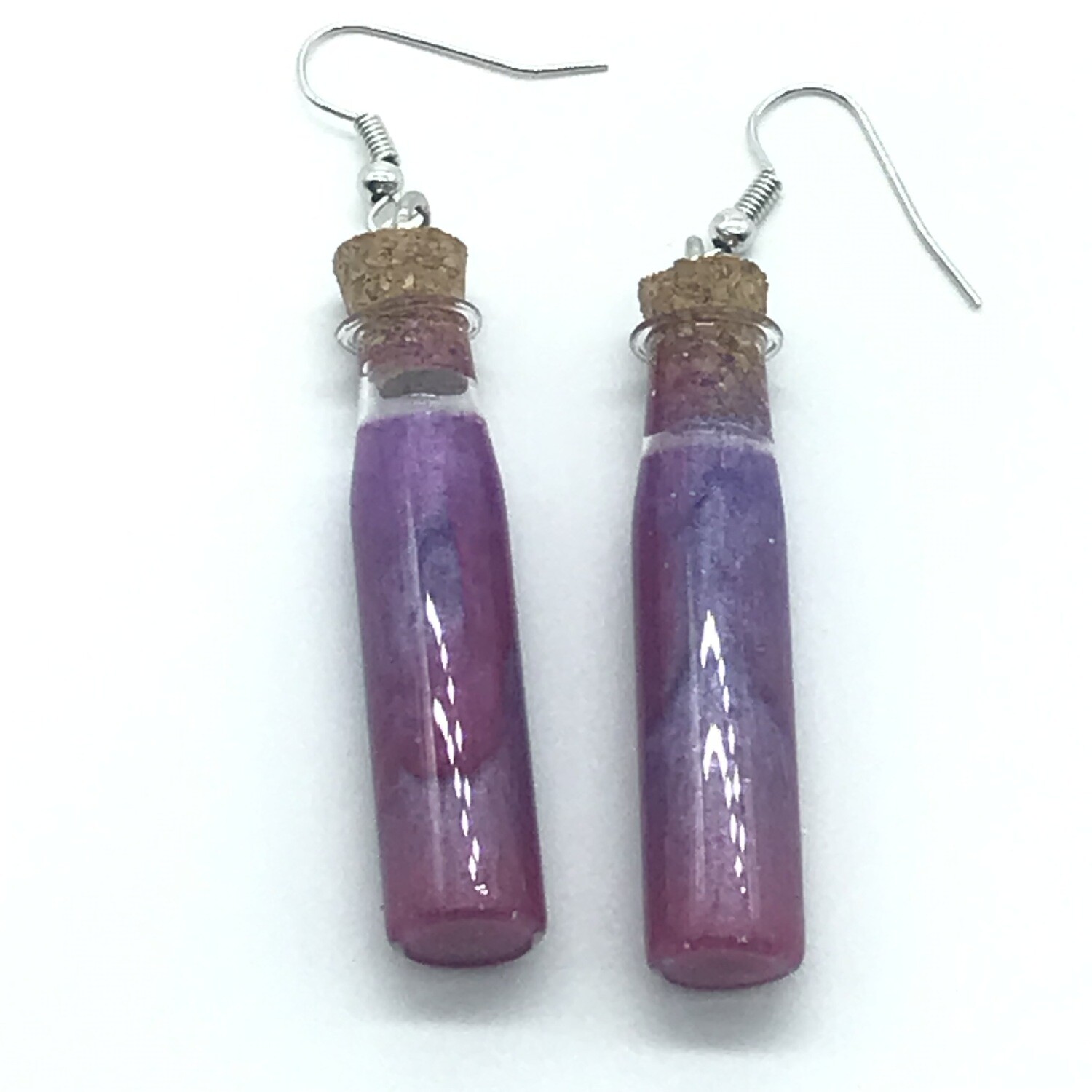 Potion Earrings - Fuchsia and lavender, long cylinder bottle
