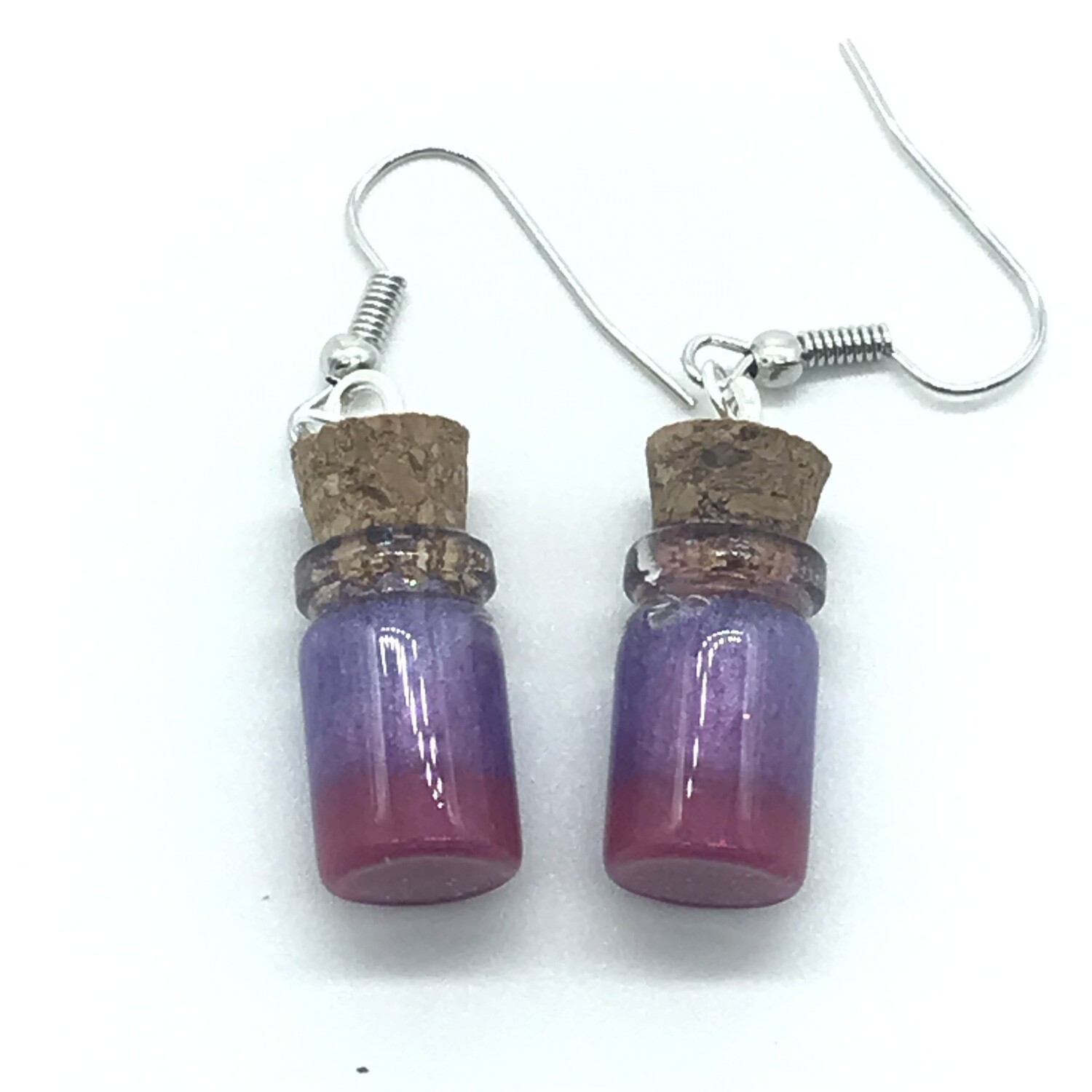 Potion Earrings - Fuchsia and lavender, short cylinder bottle