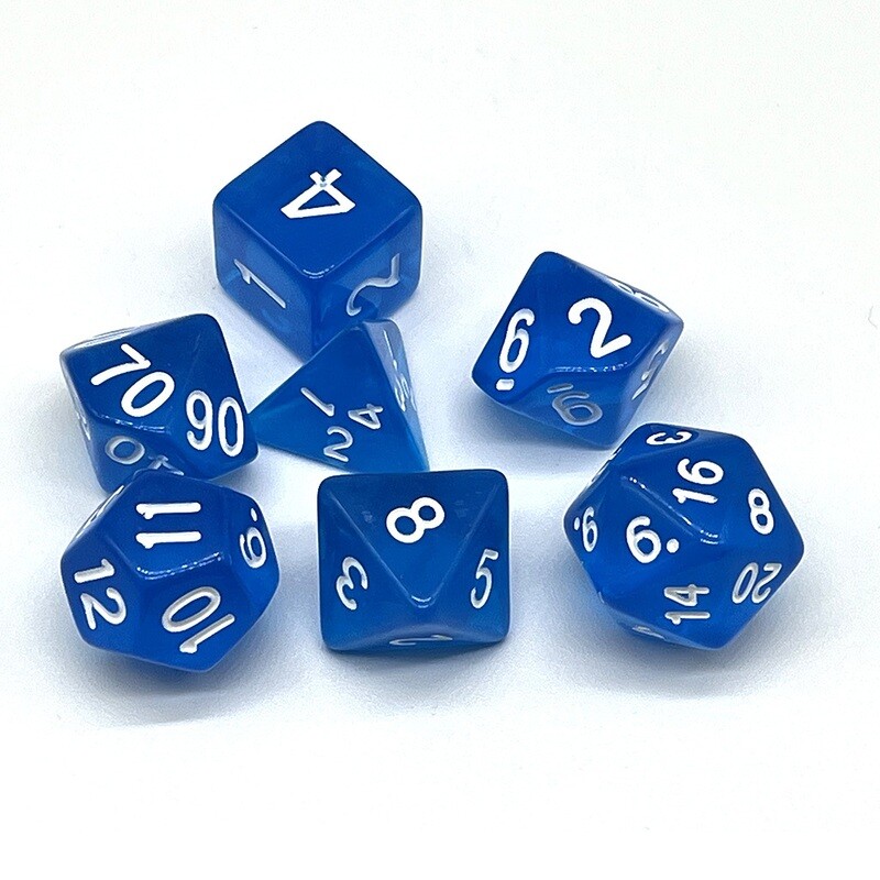 Dice Set - Blue transparent with white numbers