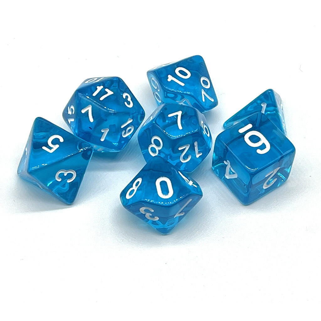 Dice Set - Light Blue transparent with white numbers