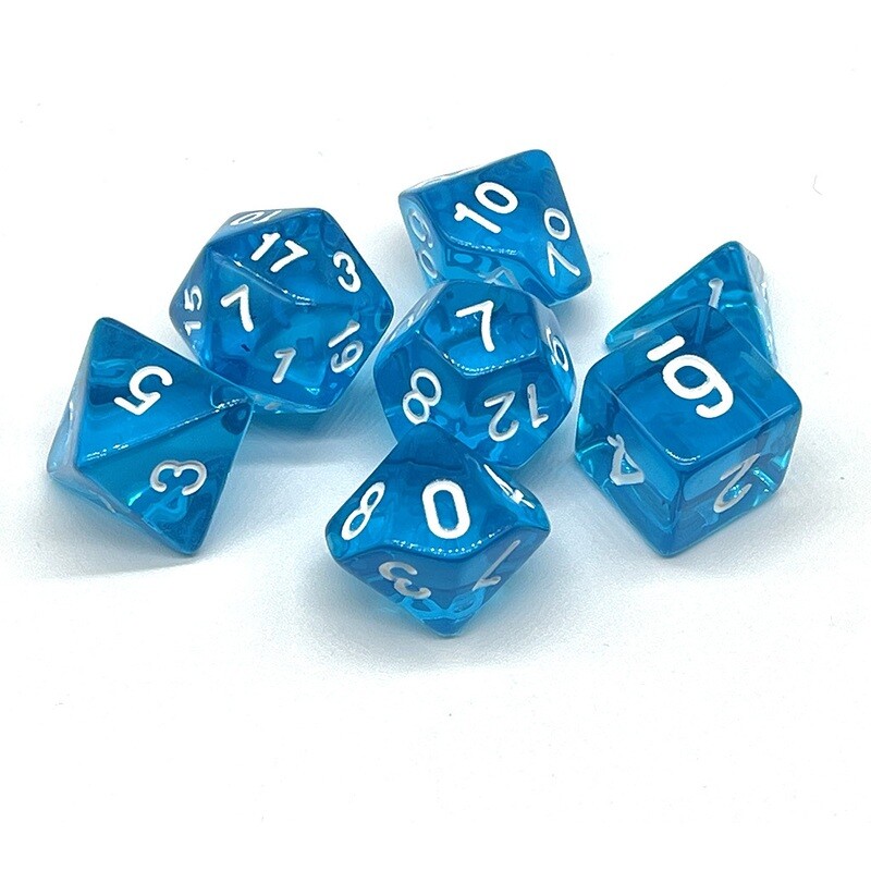 Dice Set - Light Blue transparent with white numbers