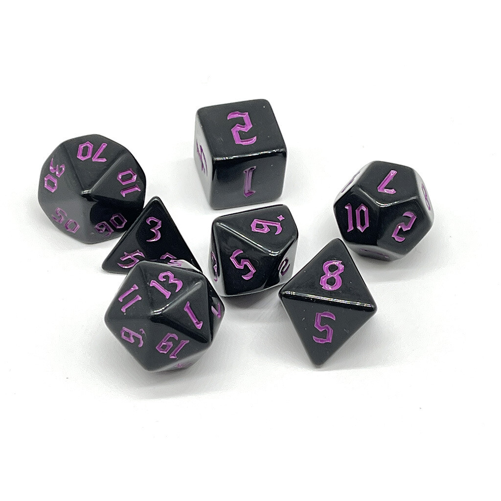 Dice Set - Black solid with purple numbers