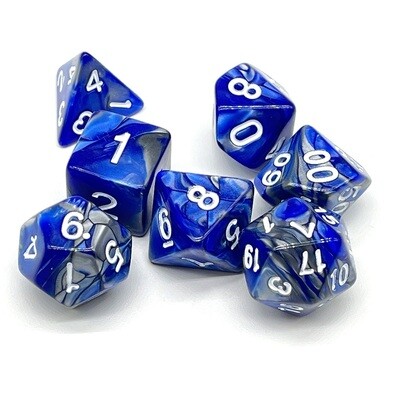 Dice Set - Blue and Grey marbled with white numbers