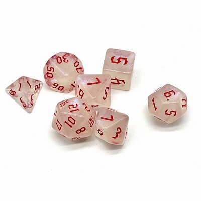 Dice Set - Clear sparkly with red numbers