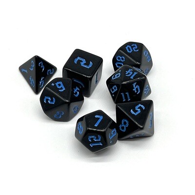 Dice Set - Black solid with blue numbers