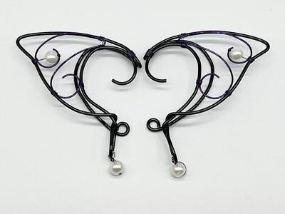Elf Ear Cuff - Black and Purple with White Beads
