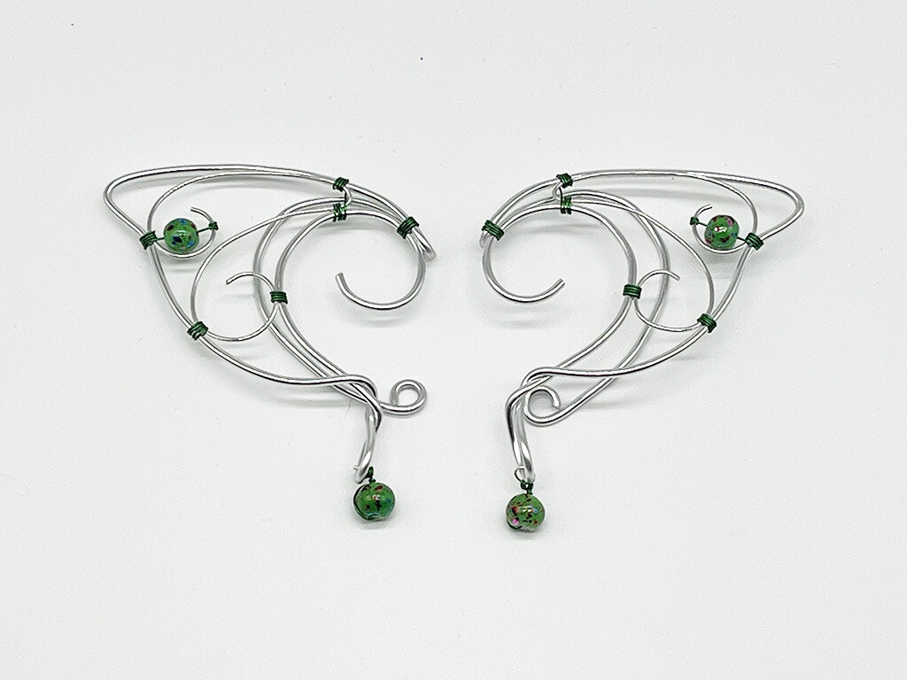 Elf Ear Cuff - Silver with green accents and Green Beads