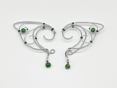 Elf Ear Cuff - Silver with green accents and Green Beads