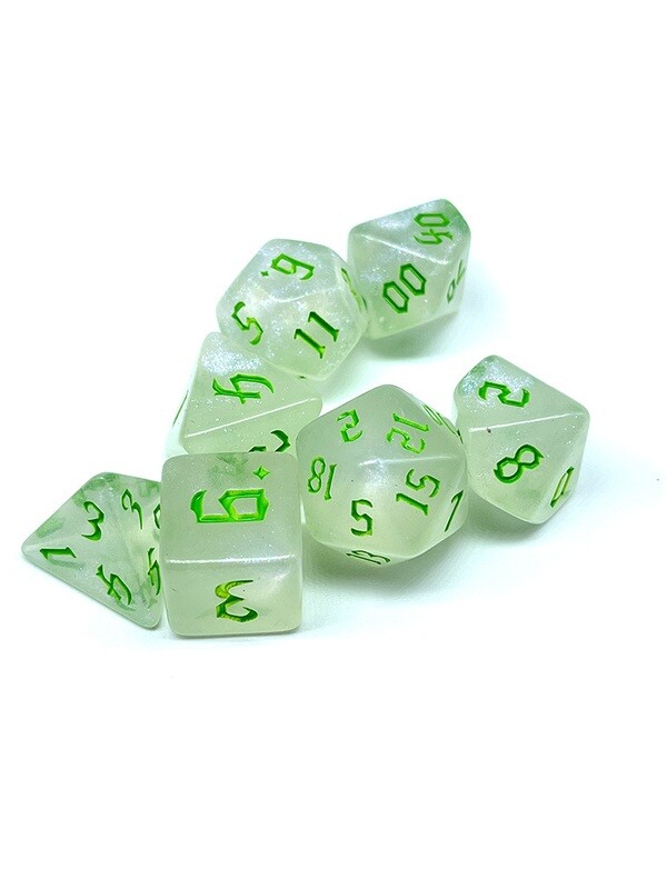 Dice Set - Clear sparkly with green numbers