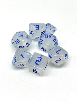 Dice Set - Clear sparkly with blue numbers
