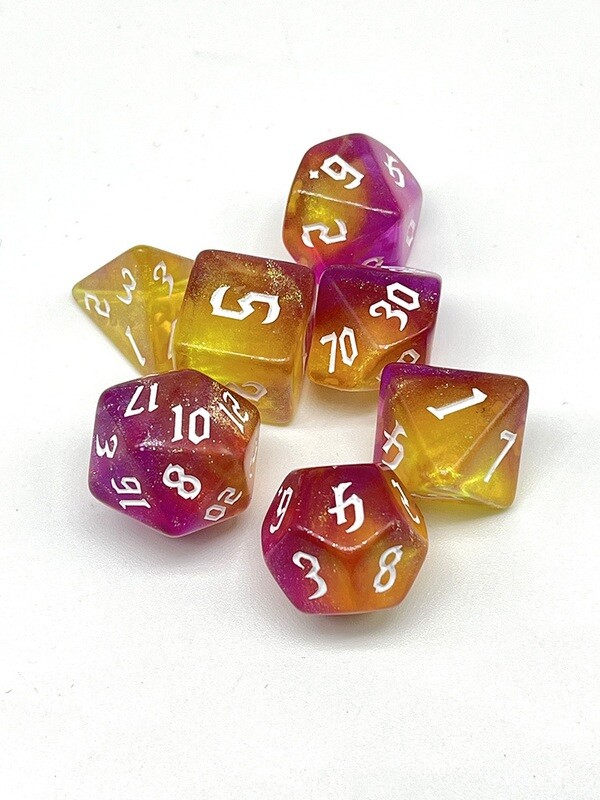 Dice Set - Yellow and pink sparkly with white numbers