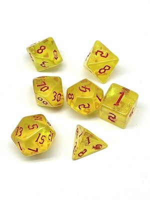 Dice Set - Yellow sparkly with red numbers