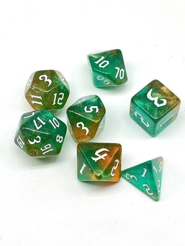 Dice Set - Green and orange sparkly with white numbers