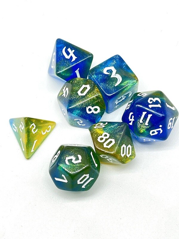 Dice Set - Blue and yellow sparkly with white numbers