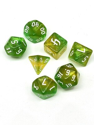 Dice Set - Green and yellow sparkly with white numbers