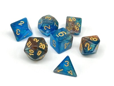 Dice Set - Light Brown marbled and Light Blue sparkly with gold numbers
