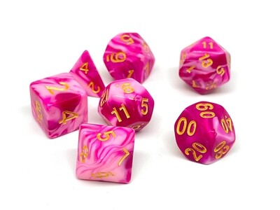 Dice Set - Magenta and White marbled with gold numbers