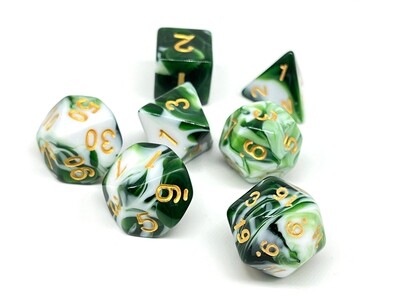 Dice Set - Green and White marbled with gold numbers