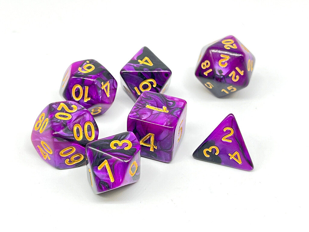 Dice Set - Purple and Black marbled with gold numbers