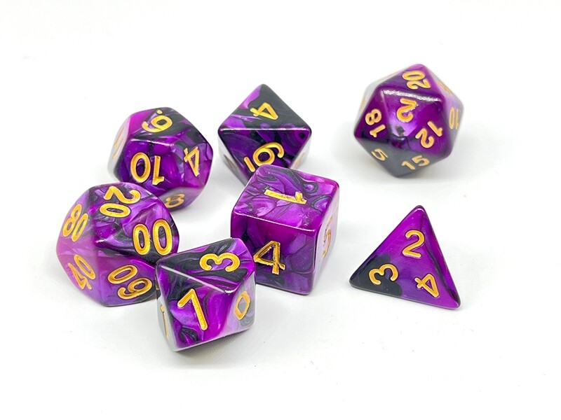 Dice Set - Purple and Black marbled with gold numbers