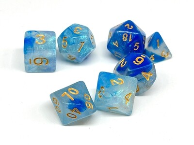 Dice Set - Light Blue and White sparkly with gold numbers