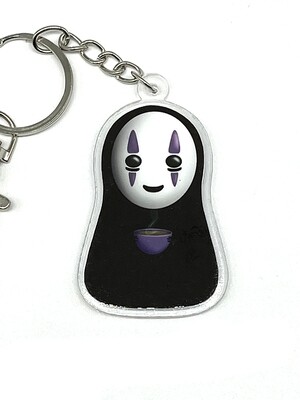 Faceless friend holding tea acrylic charm keychain, zipper clip