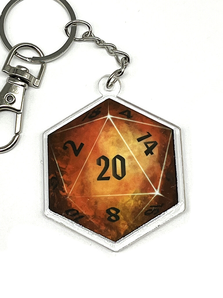 D20 acrylic charm keychain, zipper clip