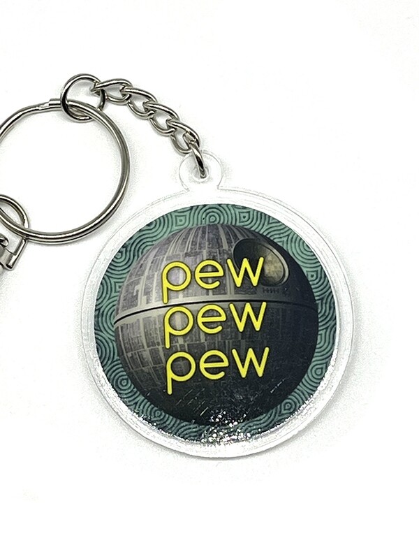 Pew pew pew acrylic charm keychain, zipper clip