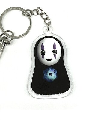 Faceless friend holding D20 acrylic charm keychain, zipper clip