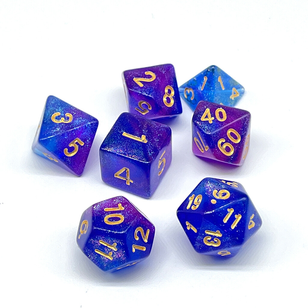 Dice Set - Blue and Magenta sparkly with gold numbers