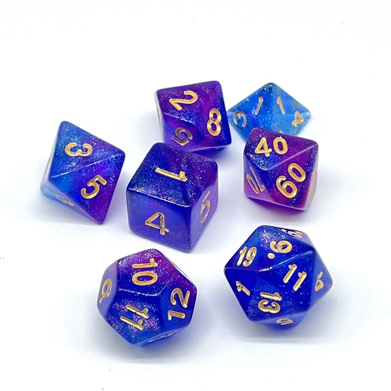 Dice Set - Blue and Magenta sparkly with gold numbers